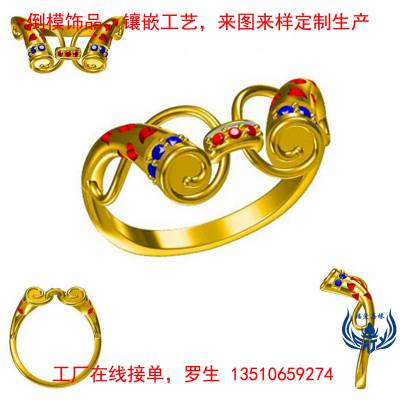925银戒指中国元素流行饰品金箍棒镶嵌进彩色锆石真金电镀戒子厂