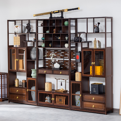 ★古寶堂★蒐集【Z4】『木質嵌竹鎮尺』中国古董品　賞物 置物擺件　高さ20*278*42mm 重さ684g 实木小多宝阁摆件博古架，圆形落地展示置物架_国风网