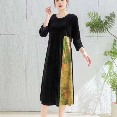 中式元素黑色拼接连衣裙 圣格娅秋冬 丝绒连衣裙 折扣店直播实体货源
