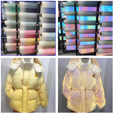 工厂柔软化纤羽绒服户外功能性反光面料 高亮渐变色七彩反光布