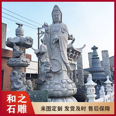 大型石雕观音菩萨定做 芝麻白石雕滴水观音站像 花岗岩观音底座坚固