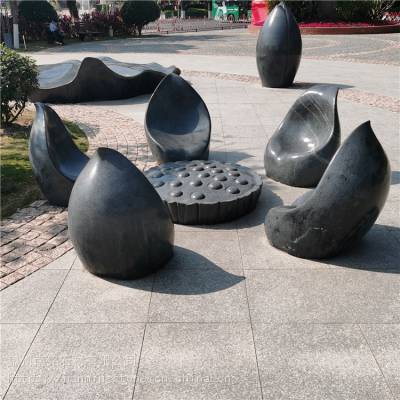 石雕异形创意凳子 寺庙景区门口莲花石凳子 芝麻黑荷花凳子椅子定制