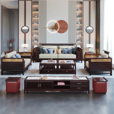 江西新中式实木沙发 轻奢古典禅意茶几贵妃组合 现代中式客厅全套家具