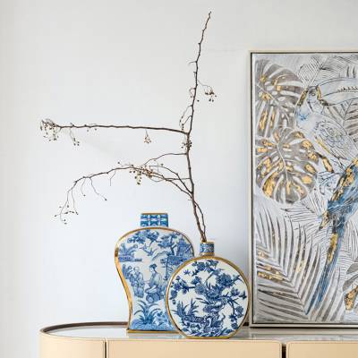 新中式水墨描金彩瓷花瓶摆件 家居陶瓷工艺品 创意装饰礼品花瓶