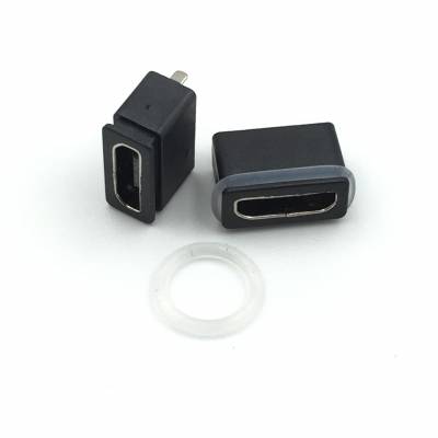 USB Micro母座5P180度直插立式插板防水款无柱+防水圈