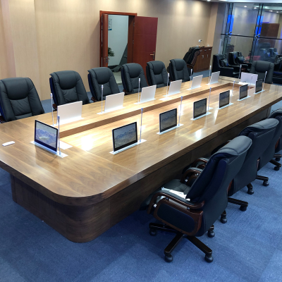 大型实木油漆会议桌长桌智能无纸化会议系统一体多功能升降显示器