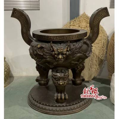 定做大型香炉寺庙铸铁纯铜双龙圆形平口特大室内家用祠堂插香供奉户外鼎