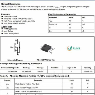 电动工具MOS管HC90N03M低内阻低结电容低开启MOS 皮实 成本优势