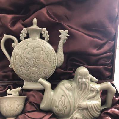 陕西仿古耀州瓷倒流壶 配西安凤鸣壶 两龙杯四件套配礼盒手提袋装