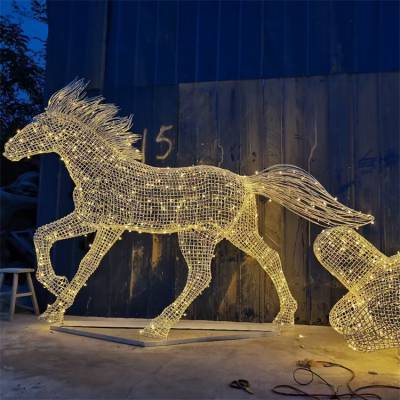 不锈钢镂空马雕塑定制 大型景观铁艺发光动物摆件 永景园林