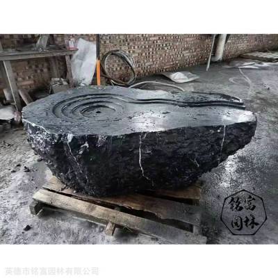 黑山石原石水钵加工，一块水钵造景案例，上海黑山石市场