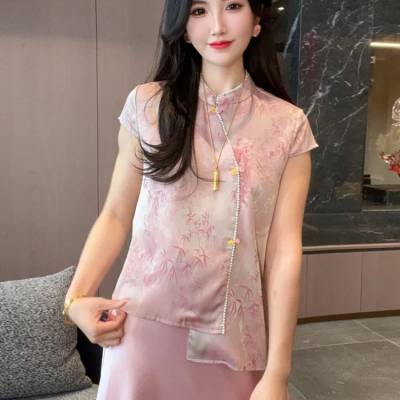 星梦天琦品牌女装折扣新中式国风设计刺绣 珠串点缀上衣