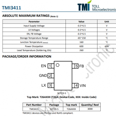 TMI3411 1.0MHz, 2A Synchronous Step-Down Converter