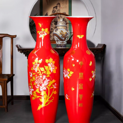 乔迁新家1.8米陶瓷大花瓶 中国红色落地花瓶 摆件插花中式客厅装饰