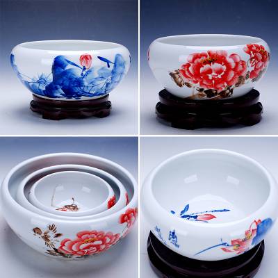 手绘写意风现代田园家居鱼缸 陶瓷水浅圆形睡莲盆 荷花睡莲乌龟缸