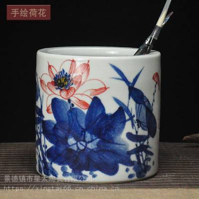 陶瓷笔筒景德镇青花瓷手绘超大笔筒画笔毛书画缸兰花20口径花瓶插书房摆件