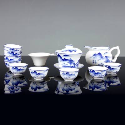 厂家定做13头青花山水功夫茶具 合元陶瓷 陶瓷茶具礼品套装 乔迁馈赠