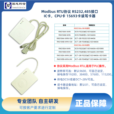 高频13.56M PLC 工业modbus协议 IC卡读卡器读写卡器RW210RS232,485接口IC卡，CPU卡15693卡读写卡器