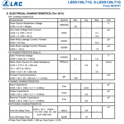 LBSS139LT1G N沟道MOS管SOT23 LRC乐山原装0.2A 50V - 供应商网