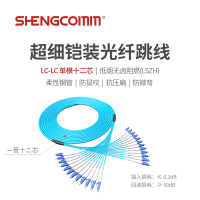 SHENGCOMM盛和 超细柔性铠装 LC-LC 单模12芯光纤跳线 抗拉抗压抗弯曲防鼠咬 LSZH 蓝色 10米