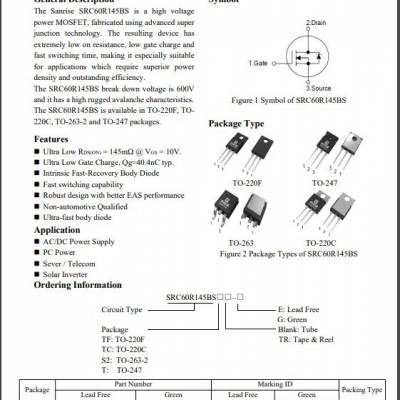 Sanrise尚阳通超结SJ-MOS SRC60R145BS（600V/145mΩ）