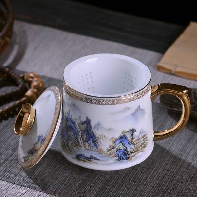 景德镇陶瓷水杯 春节礼品茶杯 万里长城茶漏办公杯