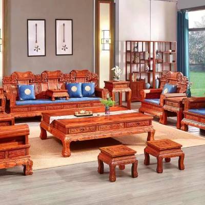 品质红木客厅家具刺猬紫檀***工艺11件套原木色环保水性漆全红木沙发格