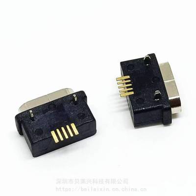 MICRO USB 5P防水母座 板上型 90度两脚插板 配白色防水圈 IPX8