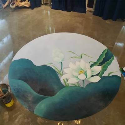 展厅地面写实墙绘手绘荷花图3d立体壁画扬州墙绘公司