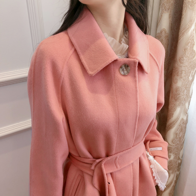 小香风粉色毛呢大衣女秋冬气质收腰双面羊毛大衣 品牌折扣女装批发