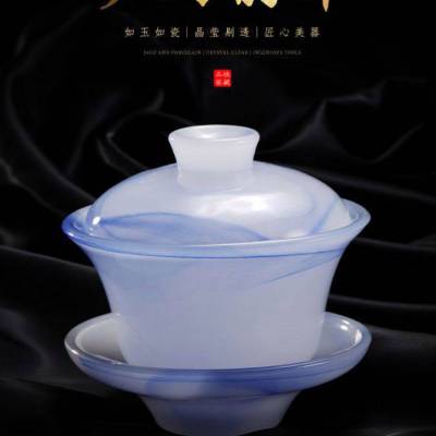 定制墨蓝色翡翠玉瓷盖碗家用茶碗琉璃羊脂玉瓷泡茶碗品茗杯茶海