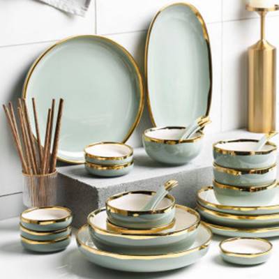 新品陶瓷碗碟自由组合搭配 金边陶瓷碗盘家用 现代简约碗盘北欧ins