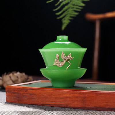 翡翠玉瓷杯 养生健康主人杯盖碗 凝脂白玉手工茶杯玉瓷功夫茶具