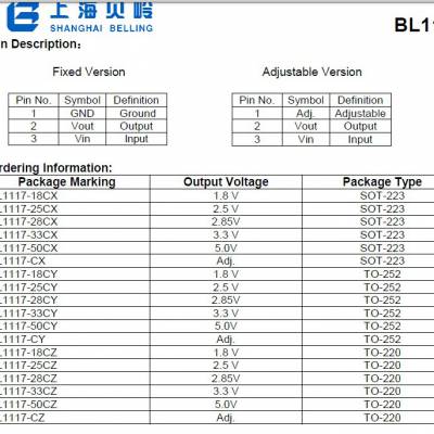 代理上海贝岭双极型低压差线性稳压器BL1117-33CX